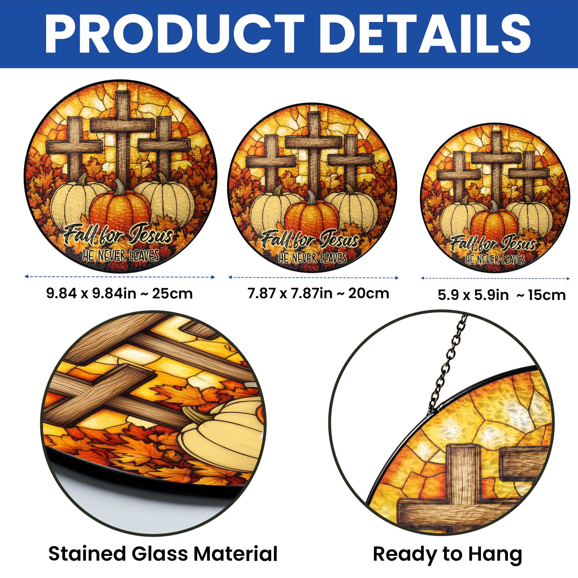 Fall for Jesus He Never Leaves Cross Pumpkin Autumn Stained Glass Suncatcher
