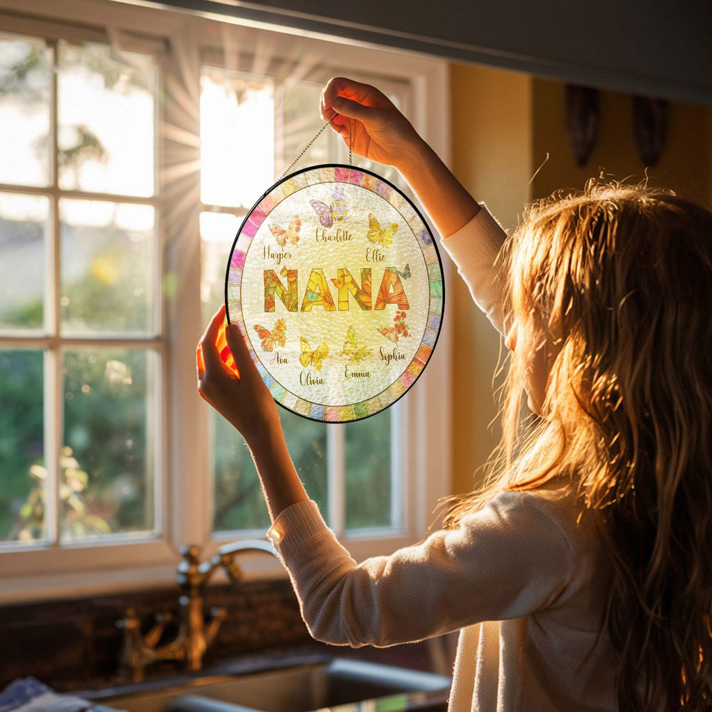Personalized Nana Stained Glass Suncatcher. Gift for Grandma. Custom Butterfly & Birth Month Flower with Grandkid's Names