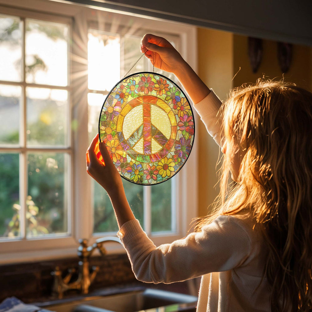 Woodstock Hippie Suncatcher. Peace Sign Hippie Stained Glass Decor