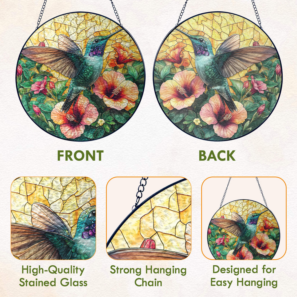 Flagwix Hummingbird Stained Glass Suncatcher – Colorful Flower Window Art. Handmade Durable Glass Ornament. Perfect Gift for Nature Lovers 3-Day Shipping