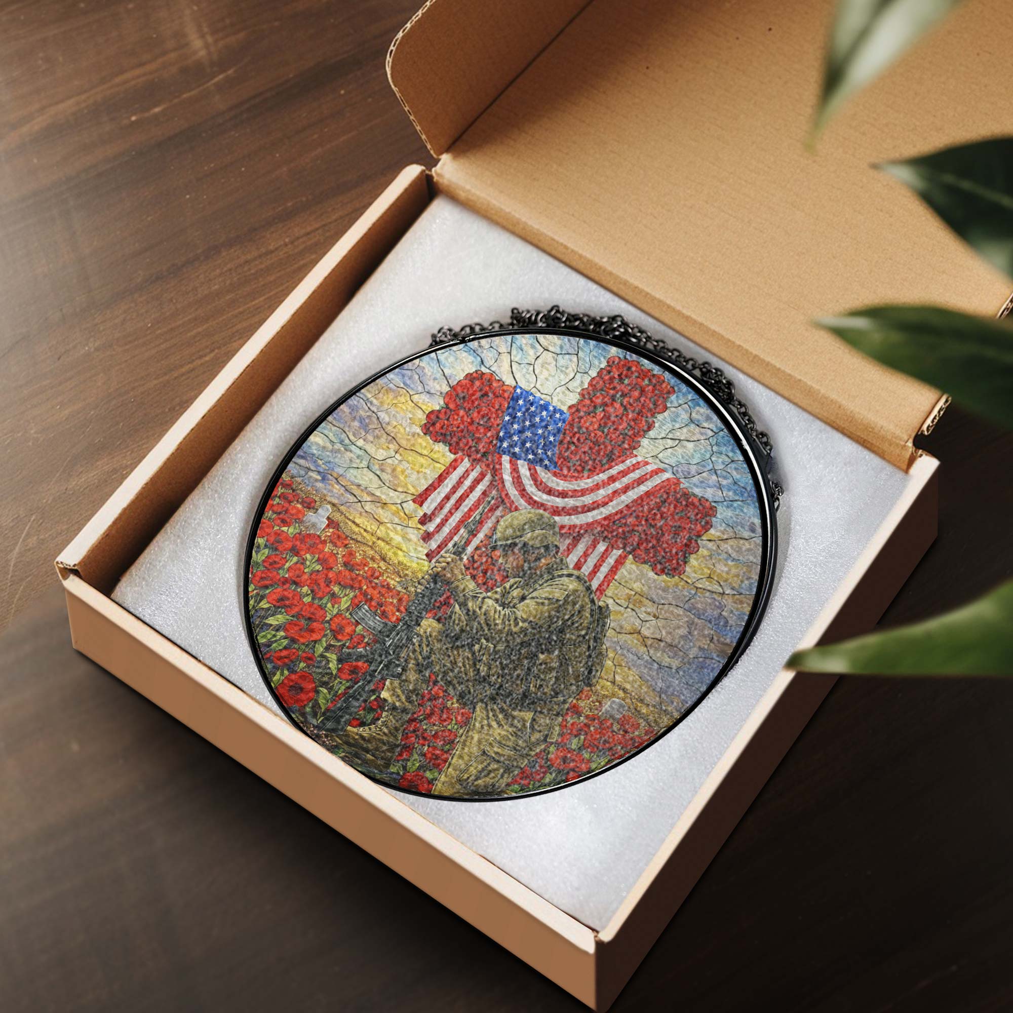 Memorial Day Red Flowers Cross Stained Glass Suncatcher Veterans Decor