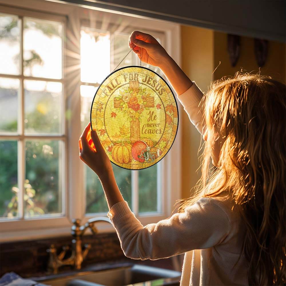 Fall Football Christian He Never Leaves Stained Glass Suncatcher
