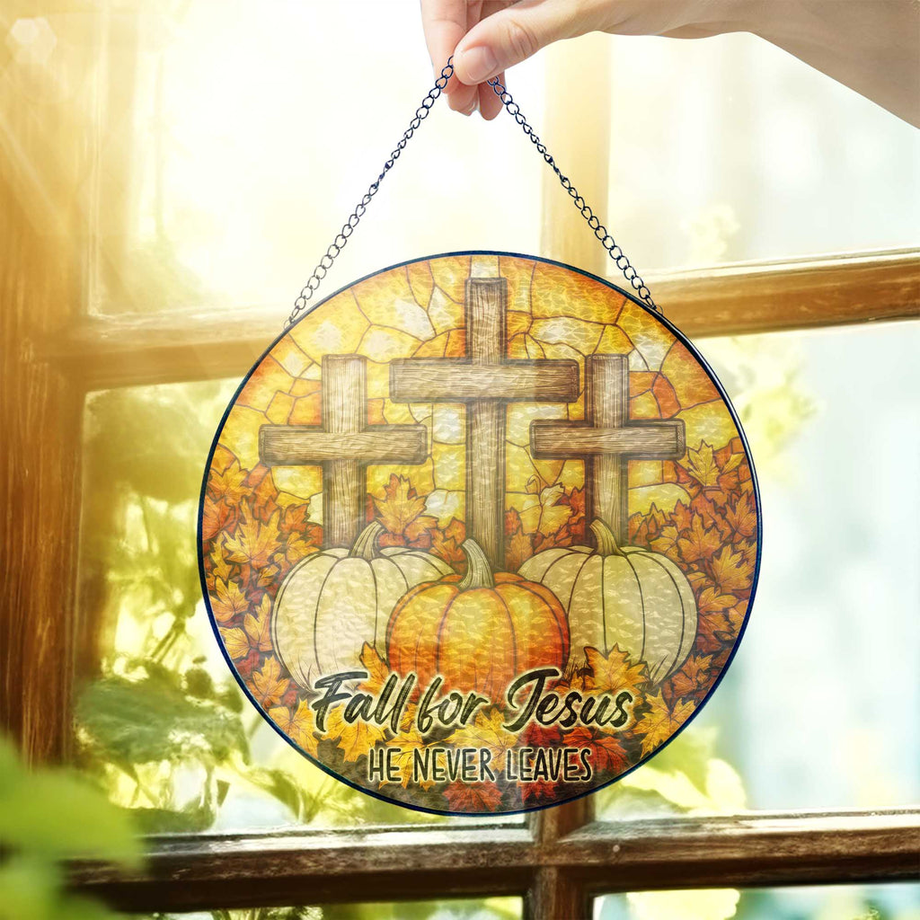 Fall for Jesus He Never Leaves Cross Pumpkin Autumn Stained Glass Suncatcher