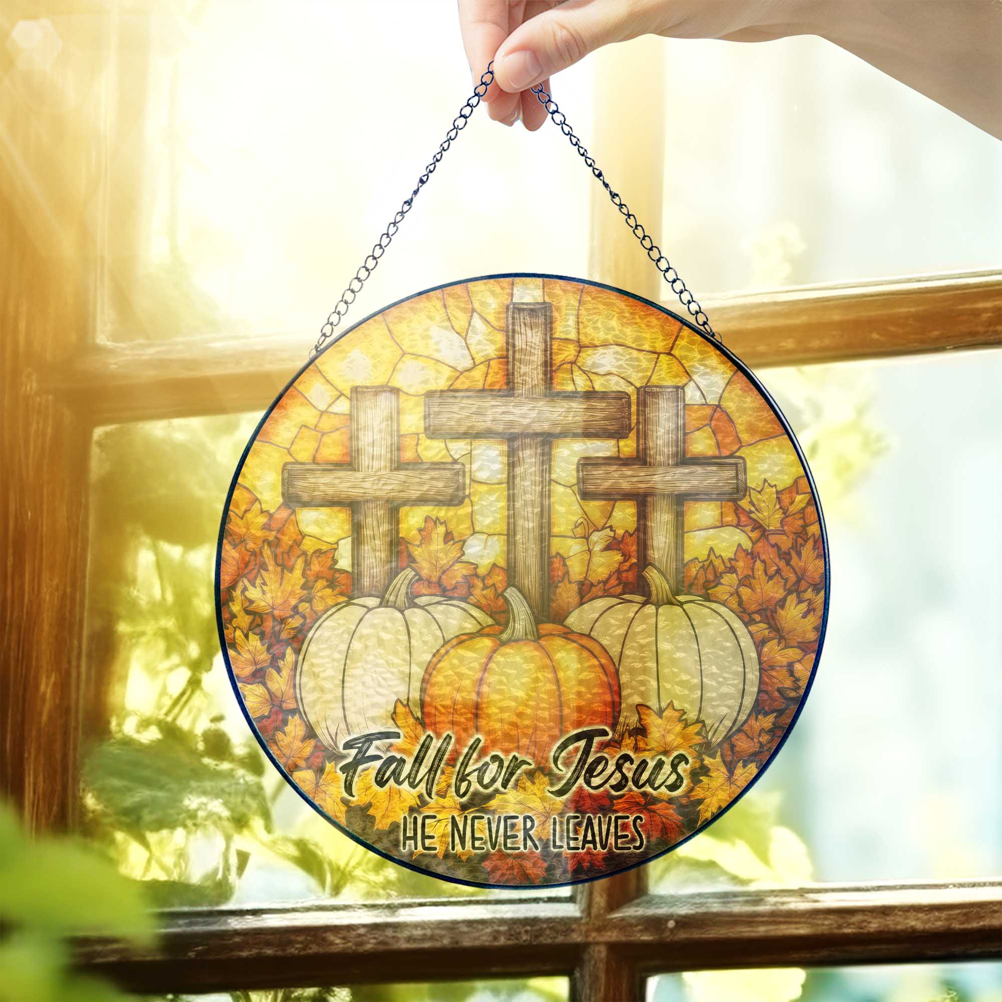 Fall for Jesus He Never Leaves Cross Pumpkin Autumn Stained Glass Suncatcher