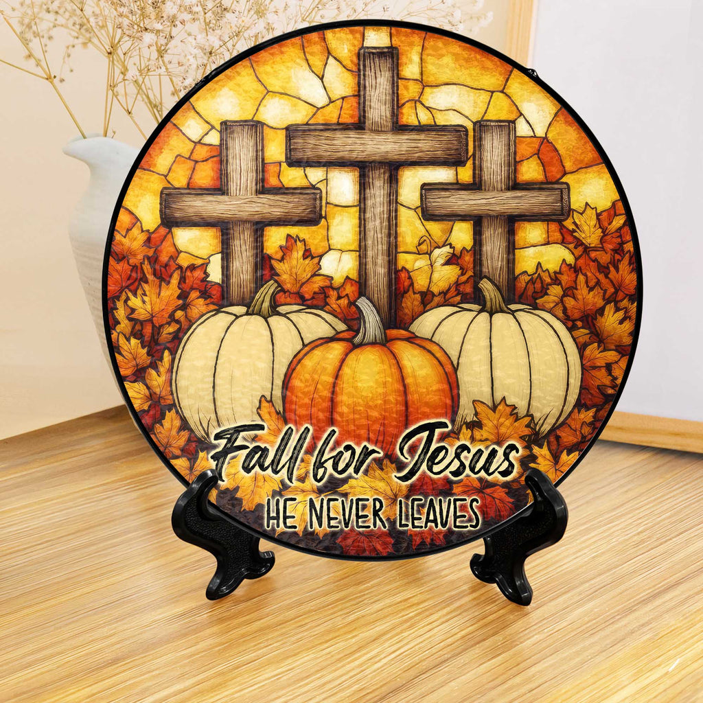 Fall for Jesus He Never Leaves Cross Pumpkin Autumn Stained Glass Suncatcher