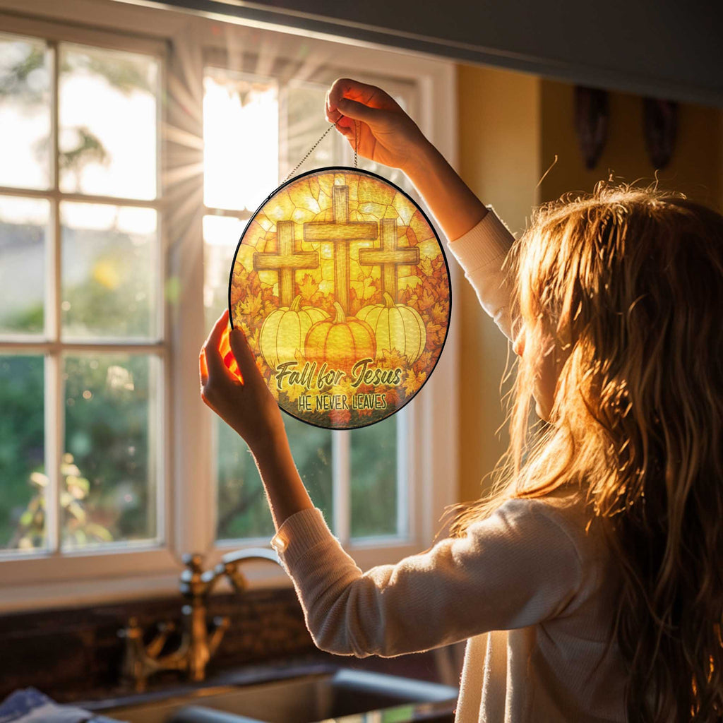 Fall for Jesus He Never Leaves Cross Pumpkin Autumn Stained Glass Suncatcher